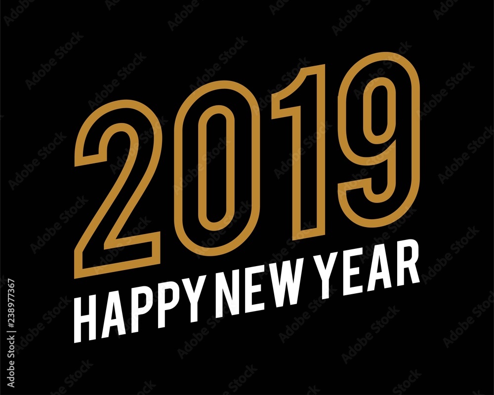 Modern Happy New Year 2019 text design gold colored isolated on black background, vector elements for calendar and greeting card.