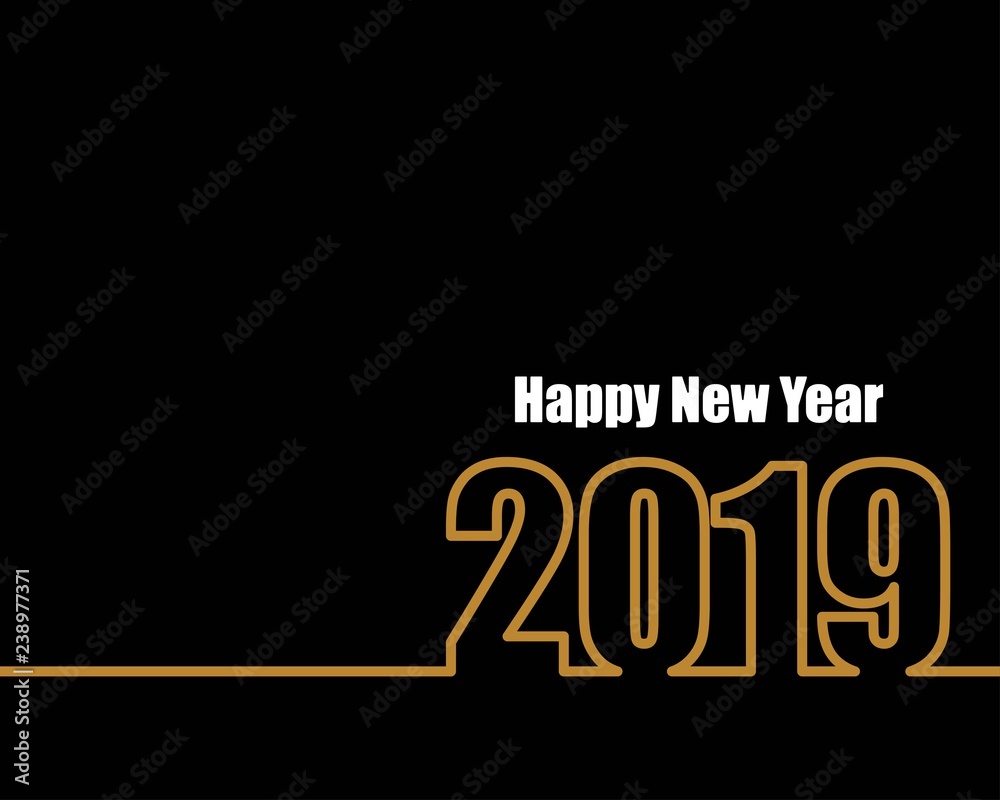 Modern Happy New Year 2019 text design gold colored isolated on black background, vector elements for calendar and greeting card. Modern Happy New Year 2019 text design gold colored isolated on black background, vector elements for calendar and greeting card.