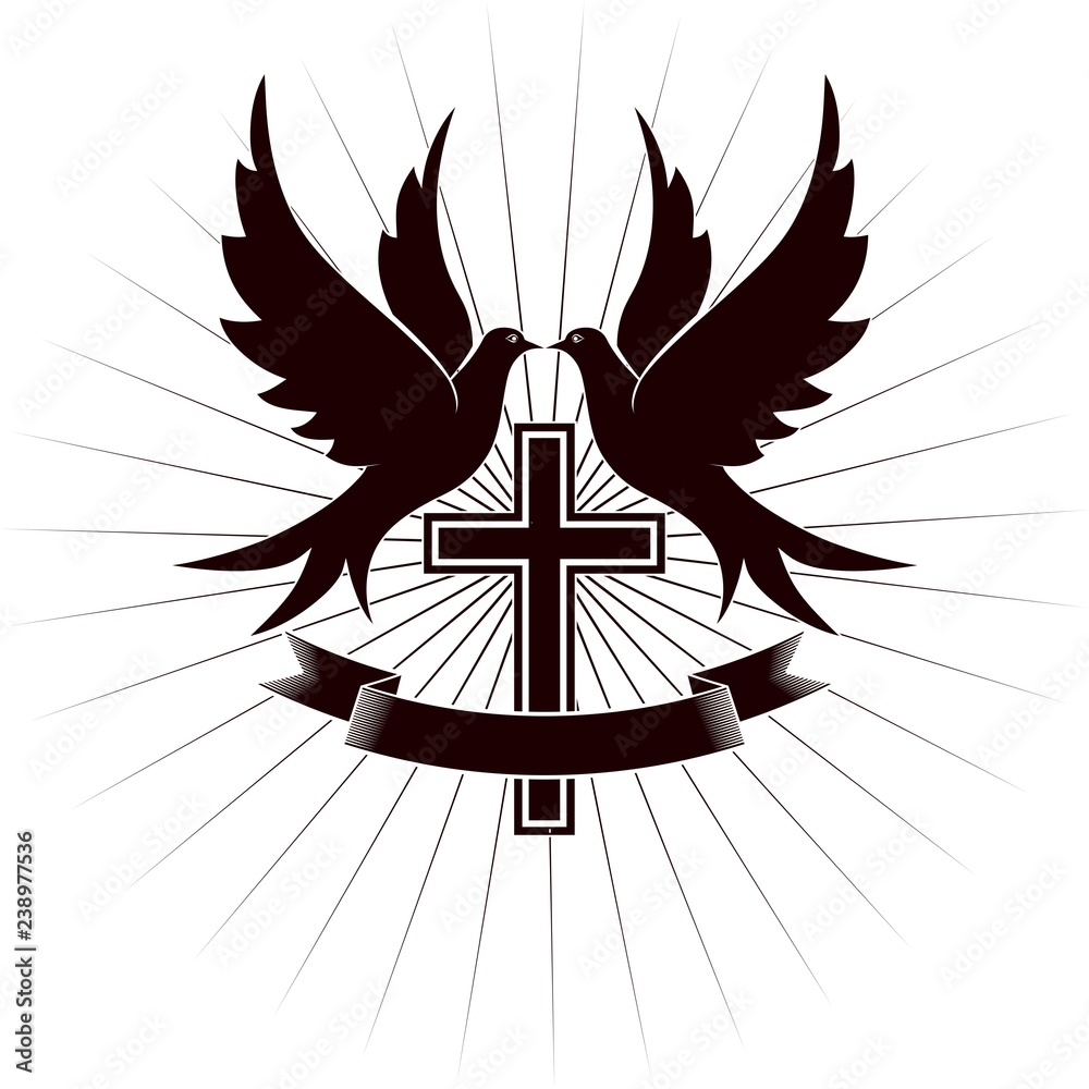 Pigeons, a cross and a banner in the rays. Illustration on a Christian  theme. Stock-Vektorgrafik | Adobe Stock
