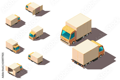 Isometric 3d set small shipment truck for delivery moving.