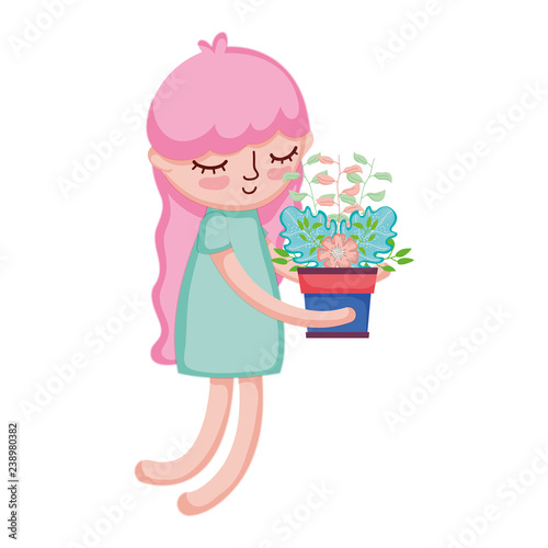 little girl lifting houseplant