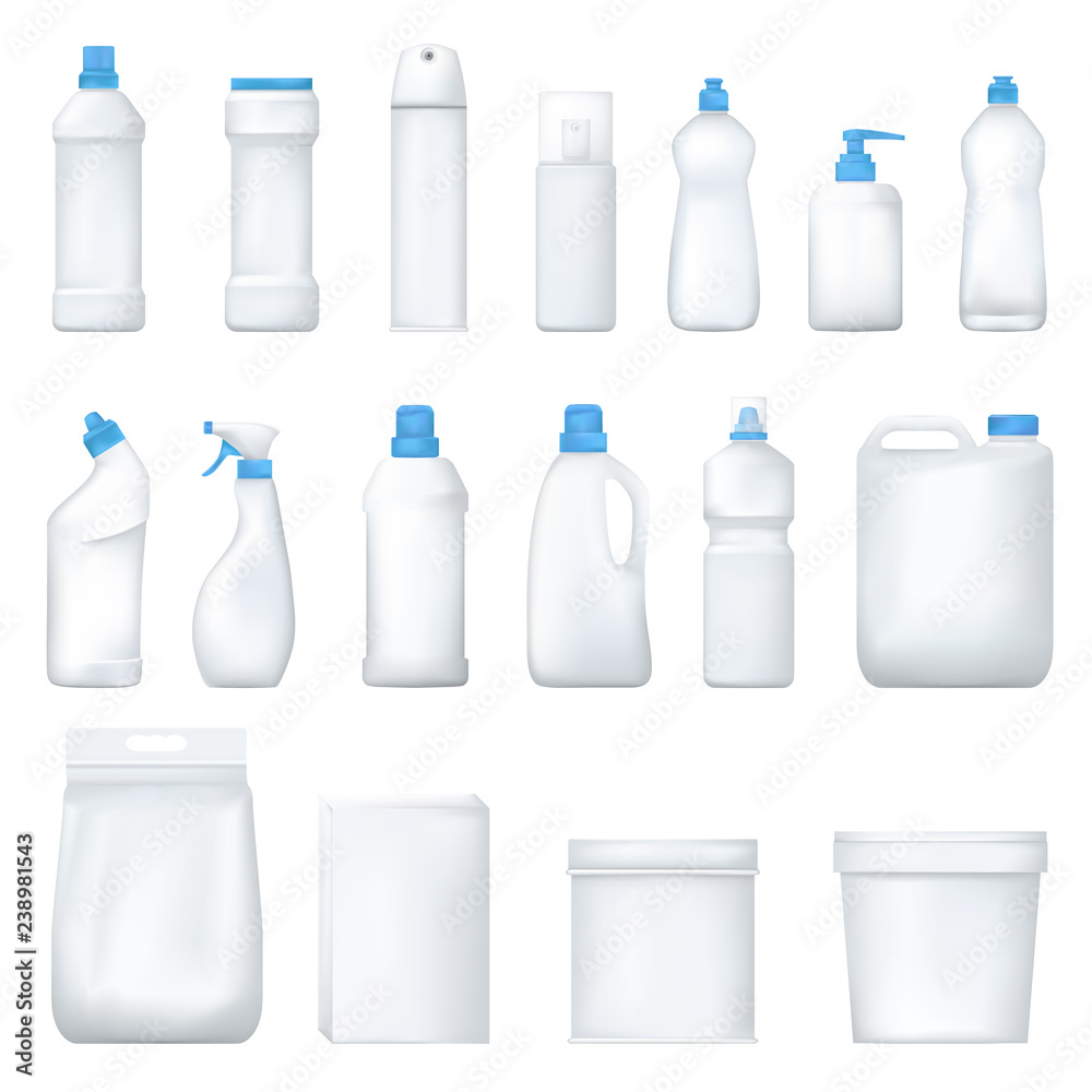 Mock up plastic bottle and packge. Set of realistic detergent product. Household chemicals. Vector. Mock up plastic bottle and packge. Set of realistic detergent product. Household chemicals. Vector.