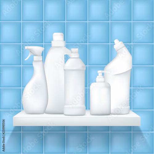 Set of realistic detergent product stay on shelf. ceramic tile background. Mock up plastic bottle and packge. Household chemicals. Vector.