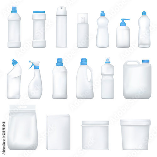 Mock up plastic bottle and packge. Set of realistic detergent product. Household chemicals. Vector.