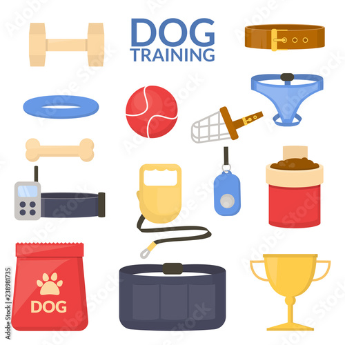 Set object of dog sport. Training equipment. Obedience. Vector flat