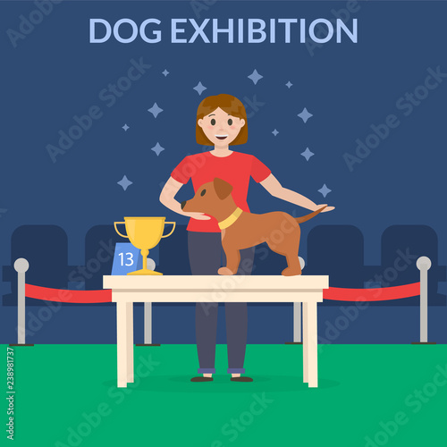 Winner pedestal. Puppy wining a dog show, pet on the first place. Gold trophy Cup on prize podium. Award ceremony animal, doggy champion medal, competition platform vector illustration