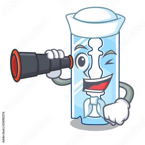 Sailor with binocular razor blade and border cartoon cyan