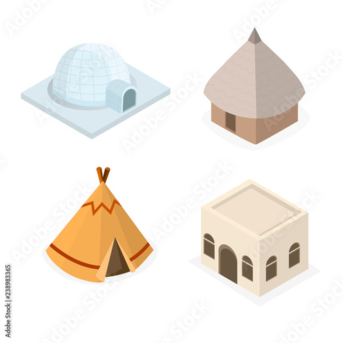 Set Isometric Tribal Native House From Different World Tribe Illustration Vector Cartoon