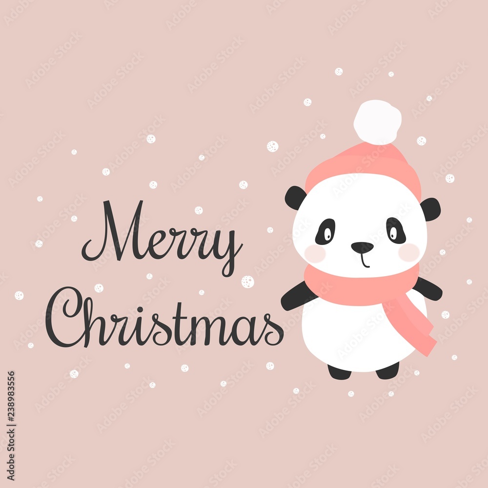 Happy cartoon panda. Character christmas panda. Cute Christmas panda in a hat and scarf in winter. Vector illustration.