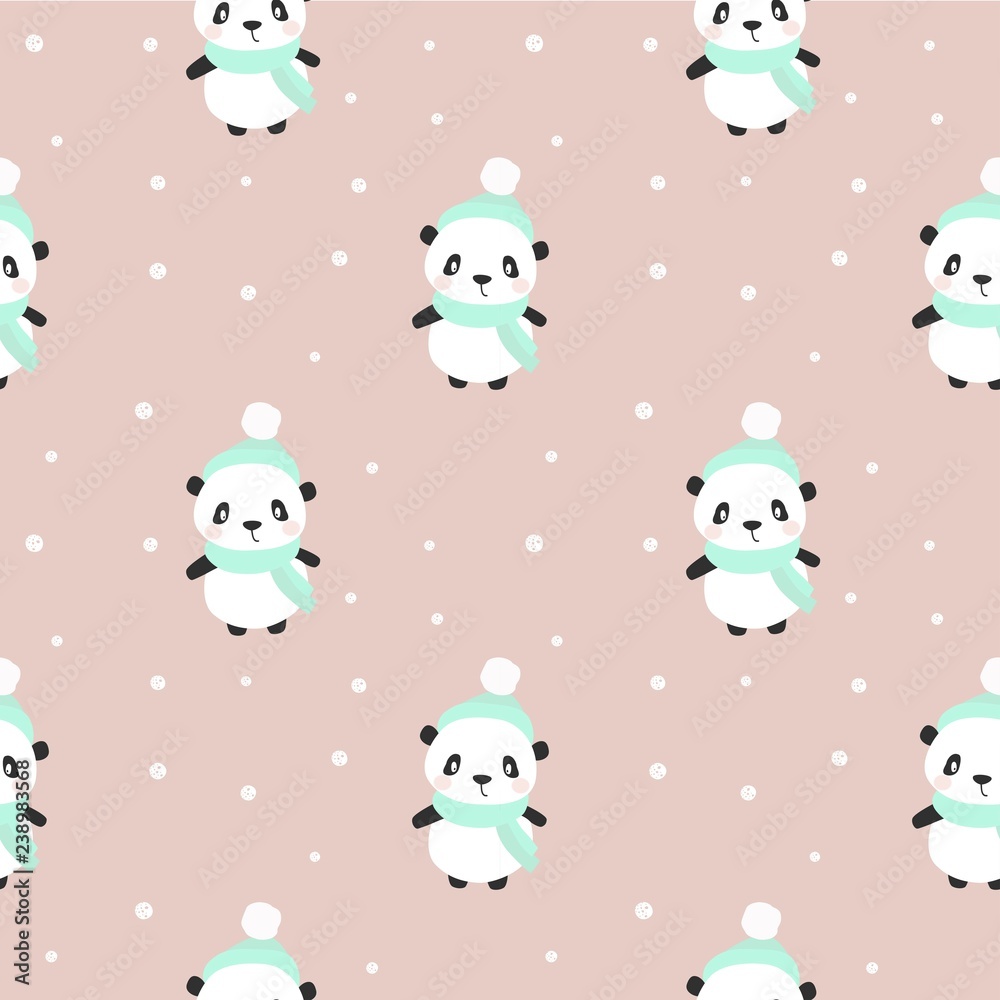 Happy cartoon panda. Character christmas panda. Cute seamless pattern with panda in a hat and scarf in winter. Vector illustration. Happy cartoon panda. Character christmas panda. Cute seamless pattern with panda in a hat and scarf in winter. Vector illustration.