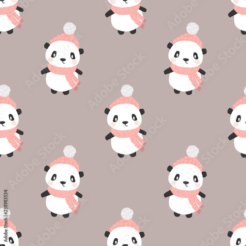 Fototapeta Naklejka Na Ścianę i Meble -  Happy cartoon panda. Character christmas panda. Cute seamless pattern with panda in a hat and scarf in winter. Vector illustration.