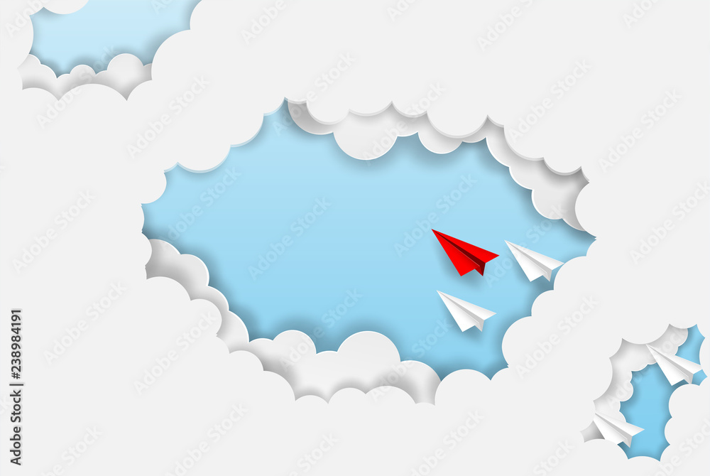 Business  leadership ,financial concept. Red paper plane leadership  to sky go to success goal. paper art style. creative idea. vector illustration.