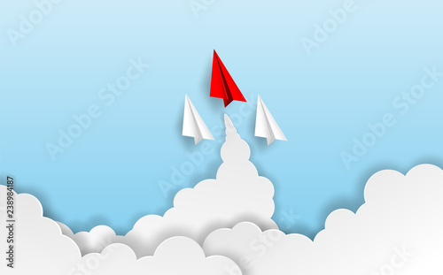 Business leadership ,financial concept. Red paper plane leadership to sky go to success goal. paper art style. creative idea. vector illustration.