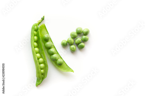 Isolated green pods. Sweet green pea. Top view. White background.