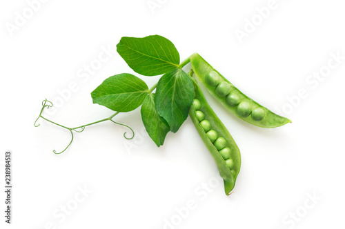 Isolated sweet green peas. Top view. White background. - Image  photo