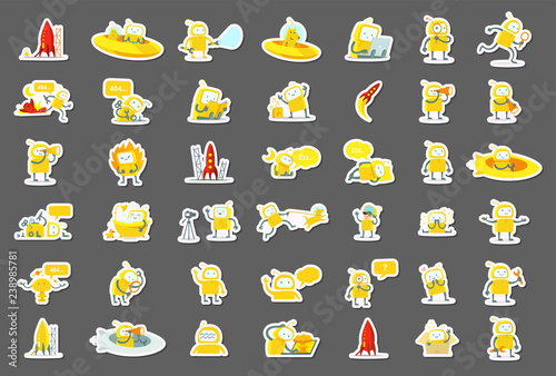 Sticker robots big set character. Yellow color version. Search, ufo and others. Collection illustration.