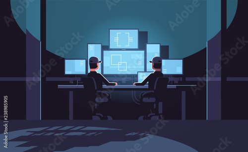 security workers watching video surveillance camera on monitor in control monitoring safety center dark guard room interior flat horizontal