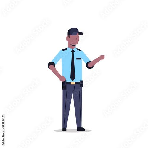 african american security guard man in uniform point to something police officer male cartoon character full length flat isolated