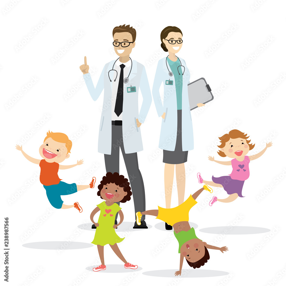 Couple of doctors and happy active kids,Children Health concept,