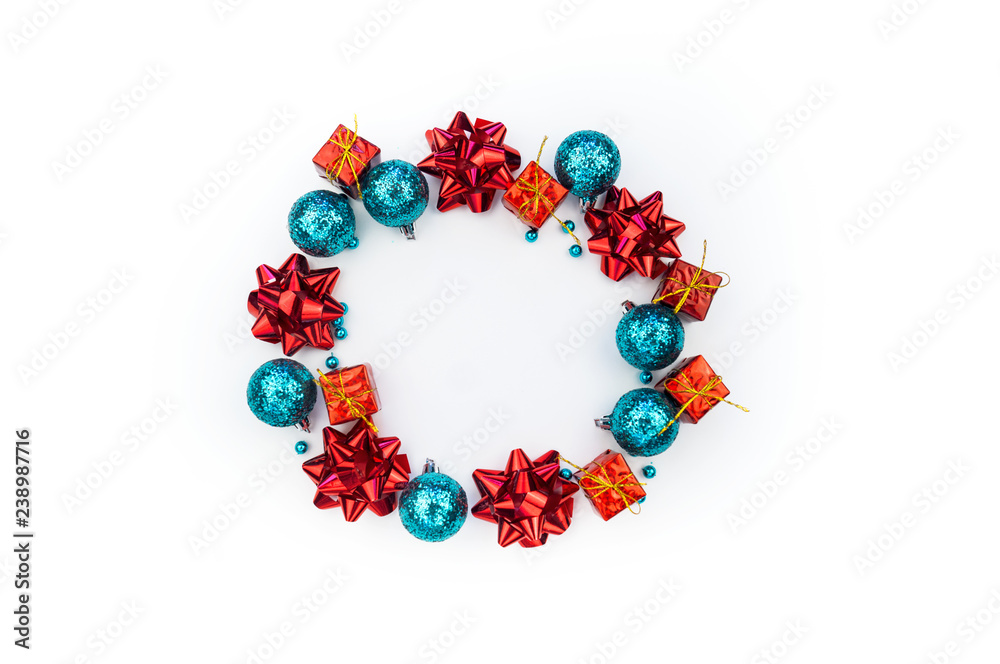 round frame made of christmas decoration on white background with copy space for text
