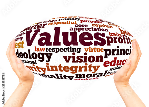 Values word cloud hand sphere concept