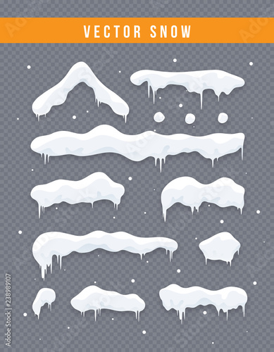 Snow caps  snowballs and snowdrifts set. Snow cap vector collection. Winter decoration element. Snowy elements on winter background. Cartoon template. Snowfall and snowflakes in motion. Illustration.
