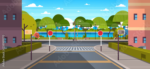 city street buildings empty downtown road urban park river green trees wooden benches cityscape background horizontal banner flat vector illustration