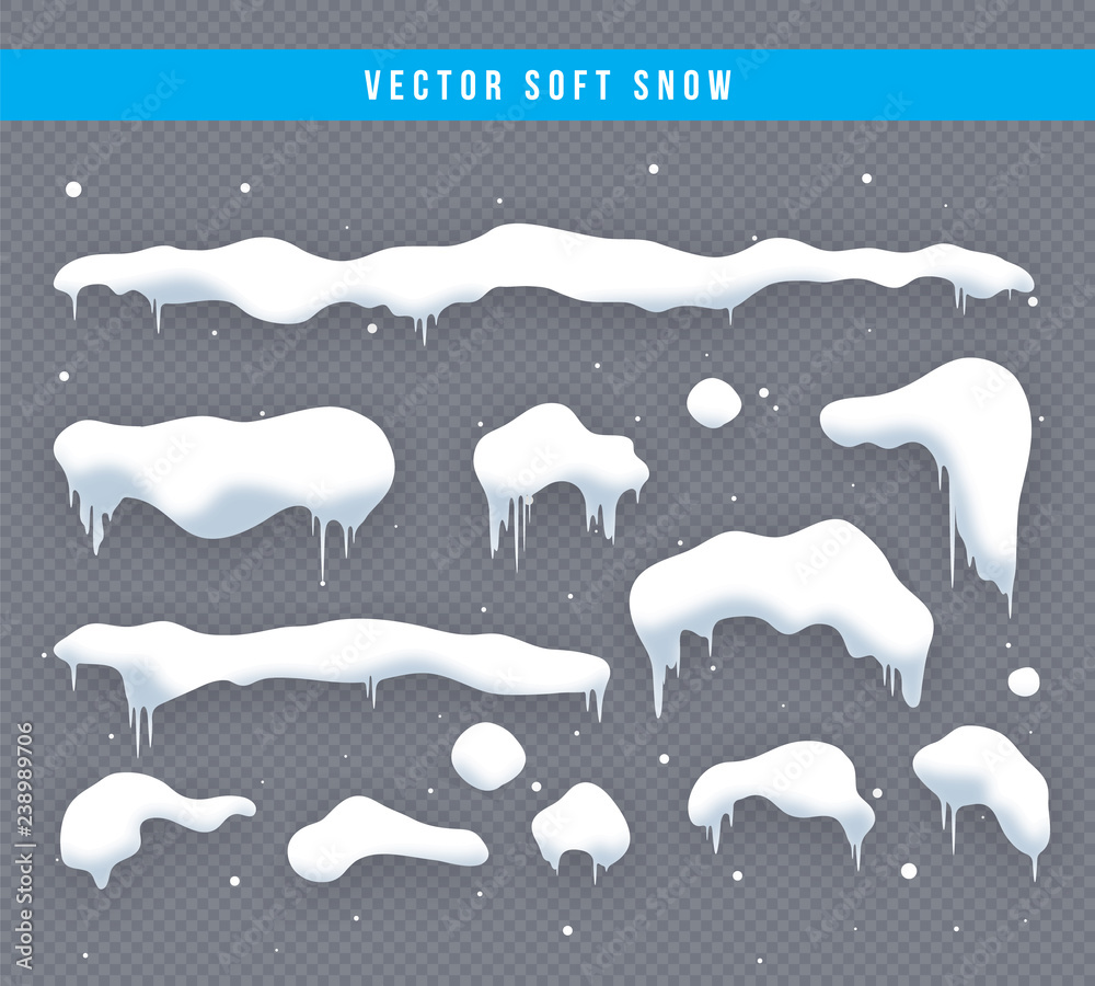 Snow caps, snowballs and snowdrifts set. Snow cap vector collection. Winter decoration element. Snowy elements on winter background. Cartoon template. Snowfall and snowflakes in motion. Illustration.