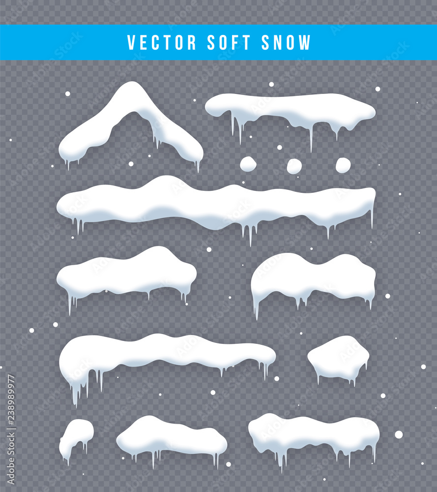 Snow caps, snowballs and snowdrifts set. Snow cap vector collection. Winter decoration element. Snowy elements on winter background. Cartoon template. Snowfall and snowflakes in motion. Illustration.