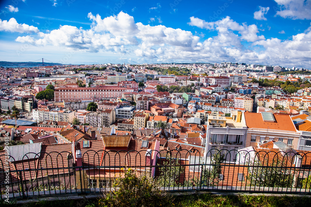 Aerial view of the Lisbon old town center with main streets and squares . Portugal.