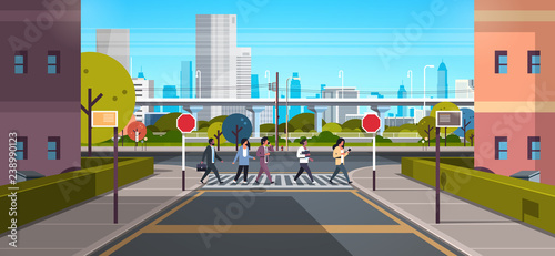 mix race people going crosswalk modern city street skyscraper downtown road urban cityscape background sunny day horizontal flat