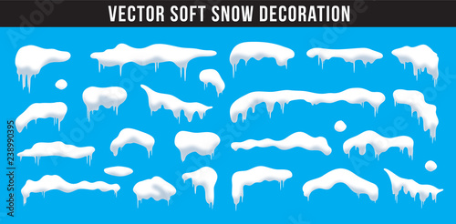 Obraz na płótnie Snow caps, snowballs and snowdrifts set. Snow cap vector collection. Winter decoration element. Snowy elements on winter background. Cartoon template. Snowfall and snowflakes in motion. Illustration. w salonie