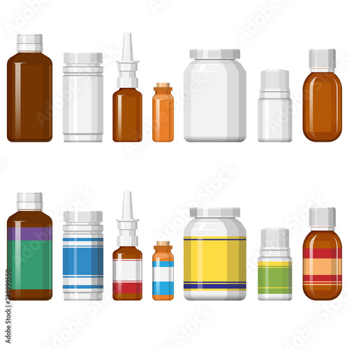 Two sets of various medicine vial in a row.