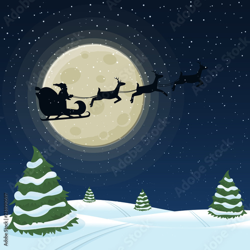 Santa Claus in a sleigh with a reindeer harnesse