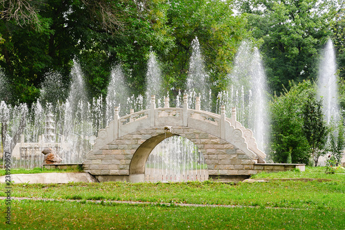 beautiful stone bridge in traditional chinese park on background of fountains. summer landscape