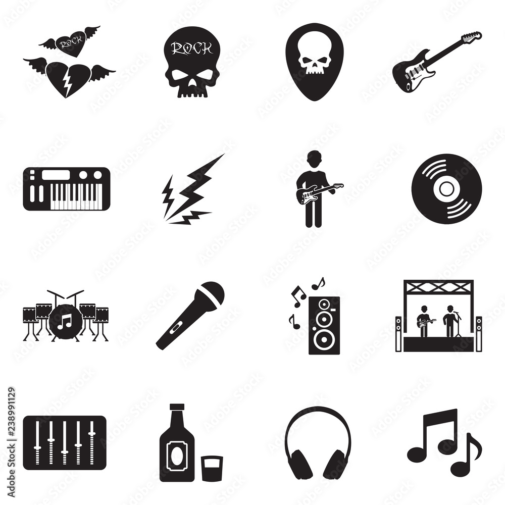 Rock Music Icons. Black Flat Design. Vector Illustration.