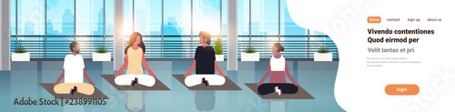 mix race people sitting lotus position doing sport fitness exercises meditation relaxation concept modern gym interior male female cartoon characters horizontal banner copy space