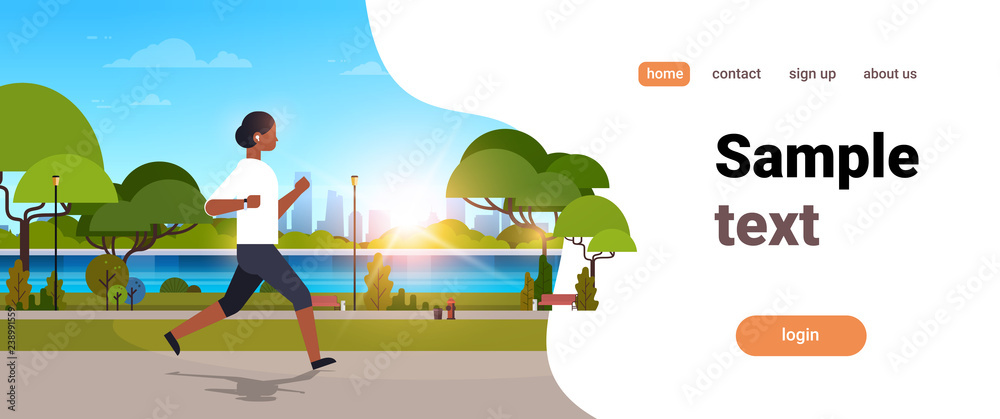 african american woman jogging outdoors modern public park girl headphones running sport activity concept cityscape sunset background horizontal copy space