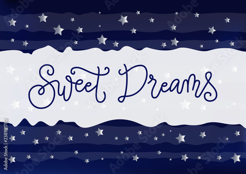 Modern handwritten calligraphy of Sweet dreams in dark blue on white blue striped background decorated with silver stars for decoration, postcard, poster, banner, bedside lamp, night lamp, bed room