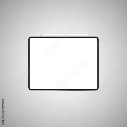Realistic 12.9 inch tablet with drawing pen. Great tablet template. Vector illustration