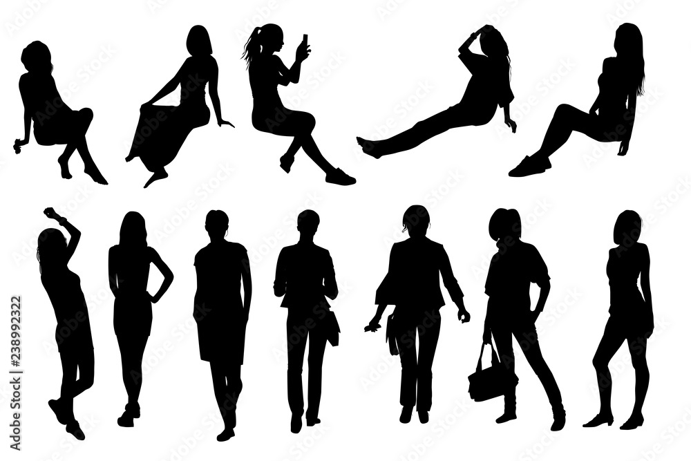 Fototapeta premium Silhouettes of girls and women in different poses, vector.