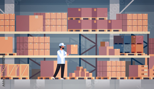 storekeeper warehouse worker puts cardboard box on shelf man courier collects parcels storehouse interior male cartoon character full length flat horizontal