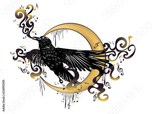 Black raven with music notes