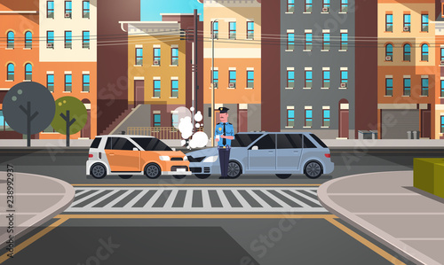 crashed car road accident police officer in uniform issuing report policeman writing legal fine document city buildings background flat horizontal