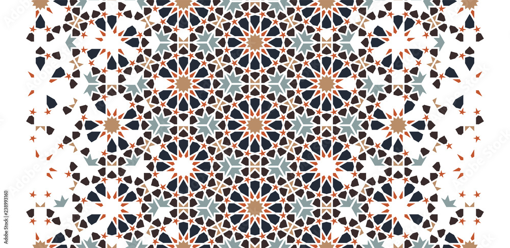 Arabesque seamless vector pattern. Geometric halftone texture with color tile disintegration or breaking 