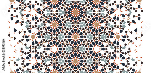 Arabesque seamless vector pattern. Geometric halftone texture with color tile disintegration or breaking 