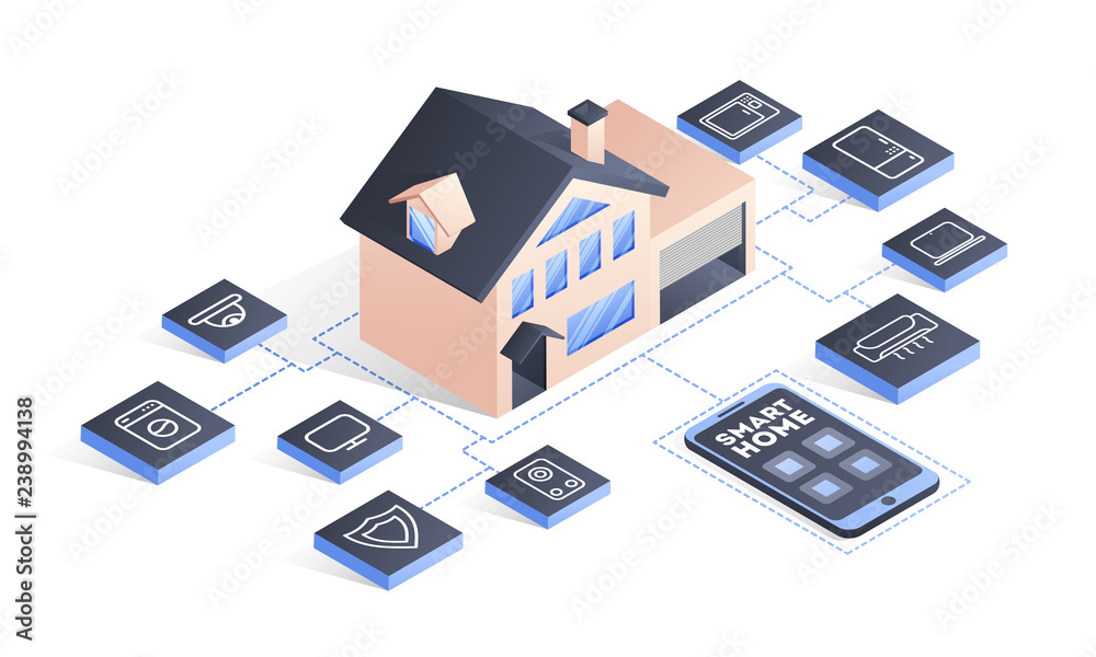 Smart home connected and control with technology devices through internet network, Internet of things background.