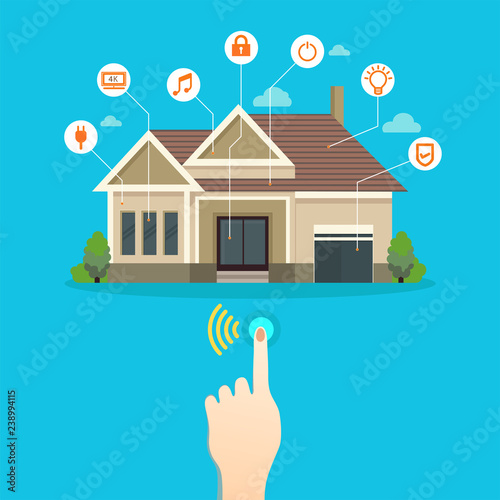 Smart home connected and control with technology devices through internet network, Internet of things background.