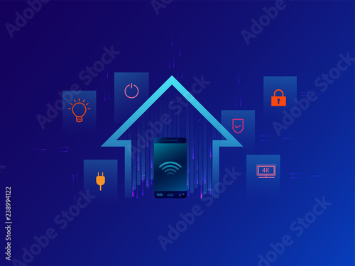 Smart home connected and control with technology devices through internet network, Internet of things background.