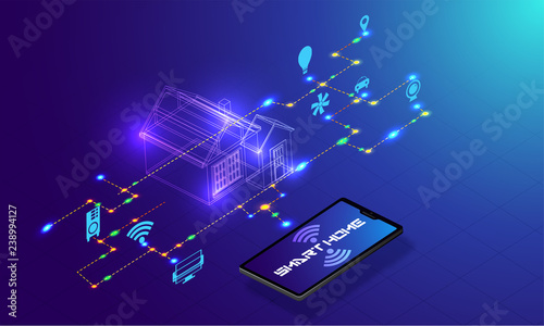 Smart home connected and control with technology devices through internet network, Internet of things background.